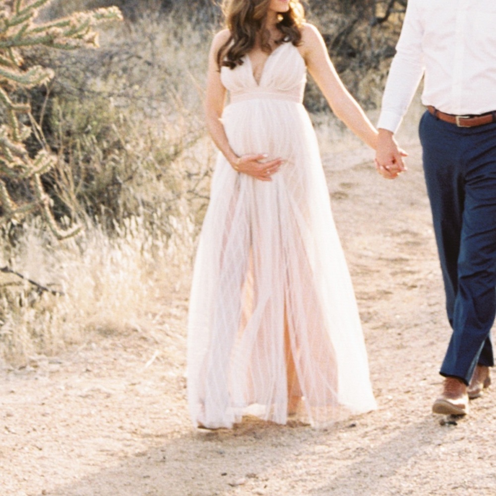 White and champagne maxi photoshoot dress for brides or moms-to-be